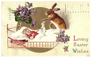 Loving Easter Wishes Embossed Anthropomorphic Bunny Girl in Bed Postcard 1910 - Picture 1 of 2