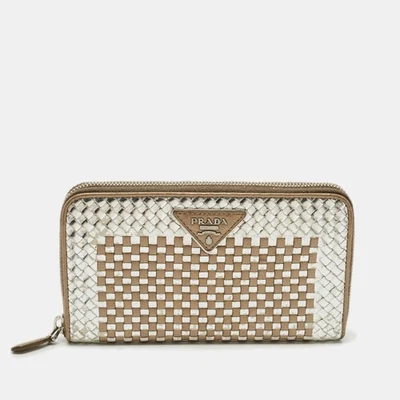 Prada Silver/Gold Woven Madras Leather Zip Continental Wallet - Image 1 of 4