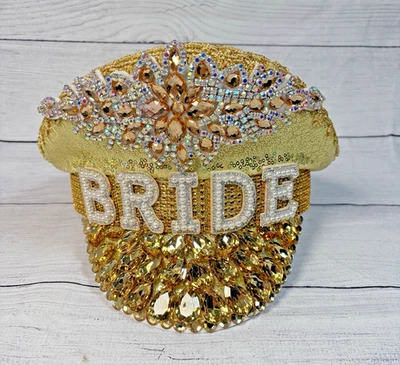 Womens Gold Sequin Captains BRIDE Hat Gems Crown Wedding Bachelorette Accessory - Image 1 of 4
