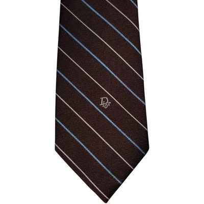 Corbata de diseñador Christian Dior con logotipo de mezcla de seda marrón bebé azul a rayas Foto 1 de 4