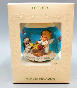 Hallmark Satin Ball Christmas Ornament Special Godchild 1981 Angel Dog Red Birds - Picture 1 of 7