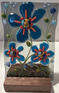 Schmelzglas Handarbeit rechteckig mehrfarbig Blume Sonnenfänger signiert mit Ständer - Bild 1 von 14