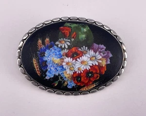 Antike emaillierte Silberbrosche mit Handmalerei (AT 486) - Bild 1 von 3