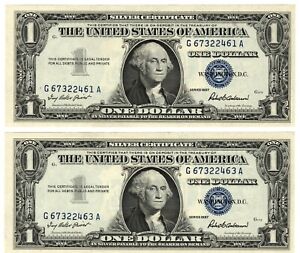 2 1957 $1 srebrne certyfikaty nieobiegowe prawie sekwencyjne