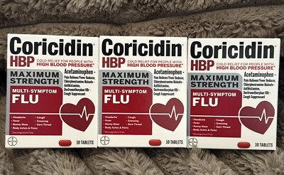 3 x Coricidin HBP Maximum Strength Multi Symptom Flu Relief 10ct 05/25 FREE SHIP - Image 1 of 4