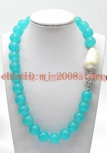 AAA+ Genuine Natural 12mm Round Jade Beads & White keshi Pearl Necklace 18" - Picture 1 of 17