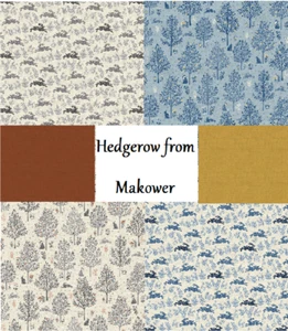 Makower Hedgerow Trees Hare Blue grey linen texture rust goldfinch FQ 1/2m - Picture 1 of 23