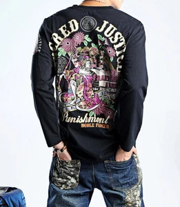 New Mens Japanese Pattern Embroidery Long Sleeve T-Shirt Ukiyo-e Sword Girl - Picture 1 of 18