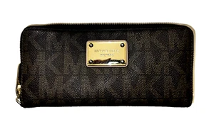 MICHAEL KORS Jet Set Wallet Zip Around Close Brown Signature Logo Designer Gold - Picture 1 of 6