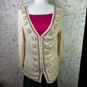 Moda International Embellished Cardigan Pearl Beaded Silk Blend Sweater Cream Sm - Picture 1 of 11
