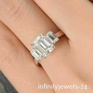 3 Stone 3.CT Emerald Cut Lab Created Diamond Engagement Ring 14K White Gold Over - Picture 1 of 6
