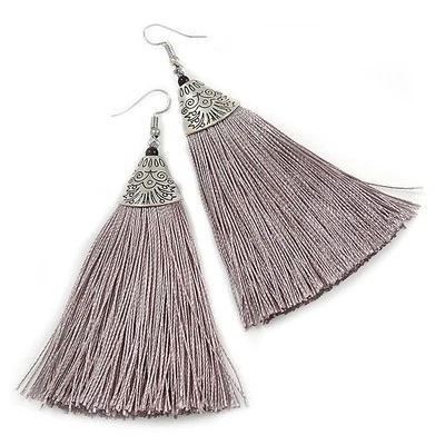 Long Metallic Grey Cotton Tassel Earring In Silver Tone - 10cm Long - Image 1 of 4