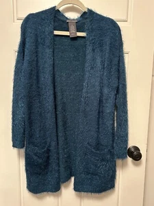 NWOT Chelsea & Theodore BLUE Eyelash Knit Open Cardigan L LARGE B18 - Picture 1 of 7