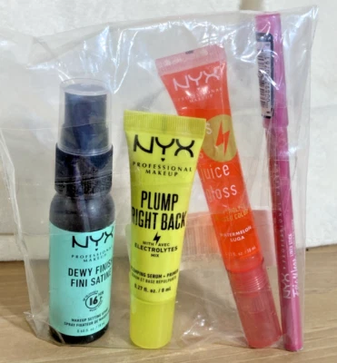 NYX Lip Gloss Minis Face Dewy Finish Set Juice Plump Serum Eye Liner 4pcs Trials - Image 1 of 4