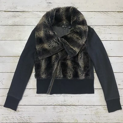 Miss Me Sweater Jacket Womens Size Medium Brown Black Faux Fur Cotton Zip Up Y2K - Image 1 of 4