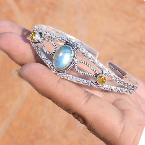 VALENTINO Bracciale Regolabile Labradorite & Citrino Topazio Pietra Preziosa Argento Sterling 925