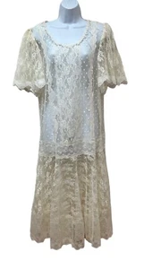 Vintage Lace Drop Waist Sheer Dress Puff Flutter Sleeve Dainty Swiss Dot Fit M/L - Picture 1 of 8
