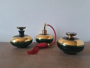 Antico Set Toeletta Profumo Empoli S.Maria Vetro Verde Oro '30 '40 Italy Cipria - Foto 1 di 10