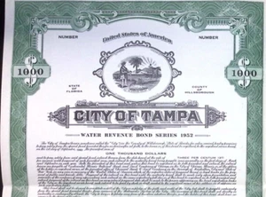 City of Tampa Water Revenue $1000 Bond Florida 1952 SPECIMEN - Bild 1 von 6