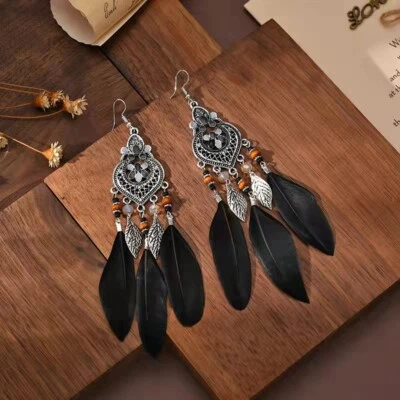Moda Mujeres Pendientes Bohemios Vintage Esmaltado Corazón Pluma Cuentas Borla 1489 Foto 1 de 4