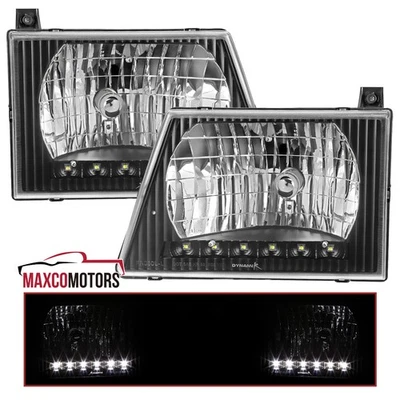 Black Headlights Fit 1992-2006 Ford E150 E250 E350 Econoline LED Strip Head Lamp - Image 1 of 4