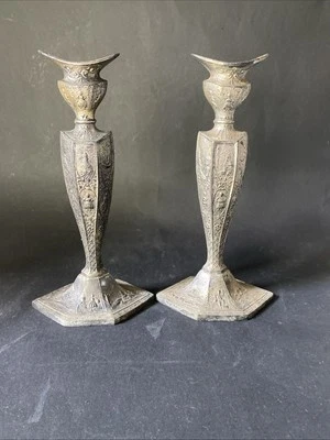 Antiguo juego de 2 candelabros de plata holandeses Repousse. "10"" de alto" Foto 1 de 4