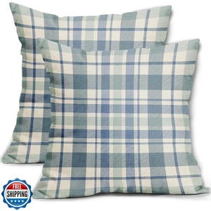 Summer Pillow Covers 18x18 Set of 2 Aqua Blue Beach Theme Buffalo Plaid Holid - Picture 1 of 5