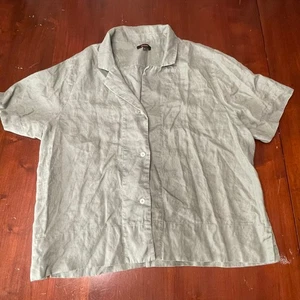 Olivgrünes Quitten Leinen Shirt Button Down Top L Crop Lagenlook - Bild 1 von 7