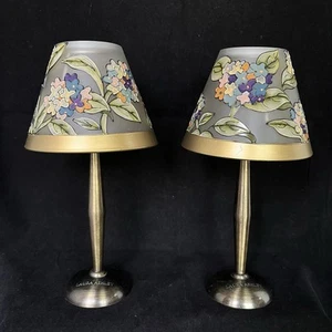 Laura Ashley Tea Light Candle Lamps Pair Floral Glass Shades Brushed Bronze 10in - Picture 1 of 17