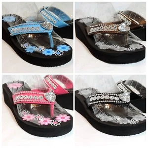Herz Flip Flops Keilabsatz Plateau Zehenstegsandalen Schuhe schwarz blau pink braun - Bild 1 von 6