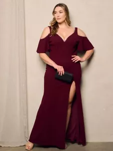 Maxi Vestido Para Mujer Talla Grande Borgoña Hombro Frío Talla 2XL Abertura Perla Acc - Imagen 1 de 2
