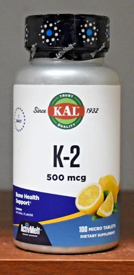 KAL K-2 500 mcg 100 microcomprimidos sabor limón apoyo a la salud ósea Foto 1 de 4