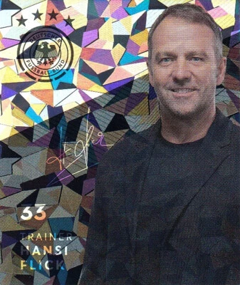 REWE / DFB FUßBALL FIFA WM 2022 KATAR Rewe DFB Trading Cards Football World Cup 2022 Qatar No. 33: Hansi Flick Glitter Image NEW