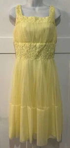 Vintage 60s Lemon Yellow Chiffon Party Dress Lace Trim Size 8-10 - Picture 1 of 9