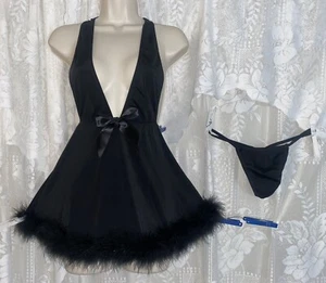 Vtg NWOT L XL Black HALTER TOP Frederick's Babydoll NIGHTIE Marabou PANTIES Set - Picture 1 of 10