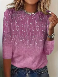 Fashion Women Pink Floral Printed Round Neck T-Shirt Casual 3/4 Sleeve Tops New - Picture 1 of 2