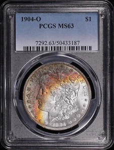 1904-O Morgan Dollar PCGS MS-63 - Blue, Green, & Sunset Obverse Crescent Toning! - Picture 1 of 3