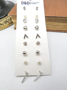 Set Of 9 Silver Tone White Rhinestone Faux Pearl Stud Earrings O13 - Picture 1 of 3