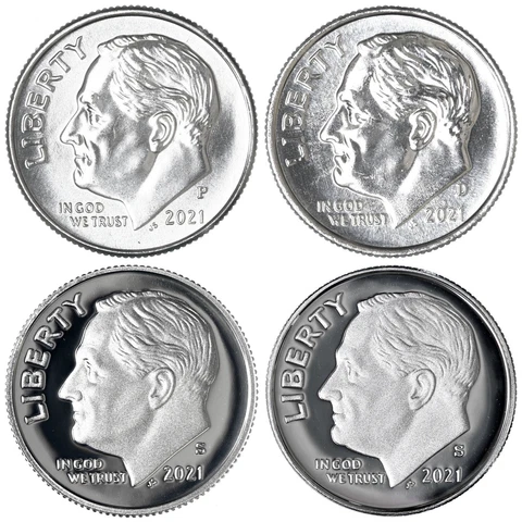 2021 P D S S Roosevelt Dime Year Set Silver & Clad Proof & BU US 4 Coin Lot Cover