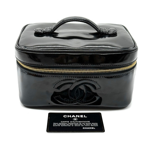 CHANEL CC Vanity Bag Pouch Cosmetico Pelle Verniciata Marca Coco Nero Autentico