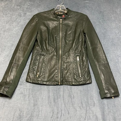 Black Rivet Faux Leather Motorcycle Jacket Womens XS Olive Green Lined Full Zip - Image 1 of 4