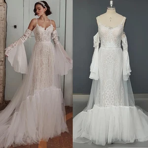 Vestidos de novia de sirena de lujo correas de espagueti mangas desmontables vestidos de novia - Imagen 1 de 14