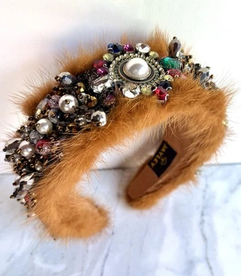 JAYLEY HEADBAND VELVET CROWN FUR CRYSTAL EMBELLISHED PEARLS BEADS UNIQUE NEW - Image 1 of 4