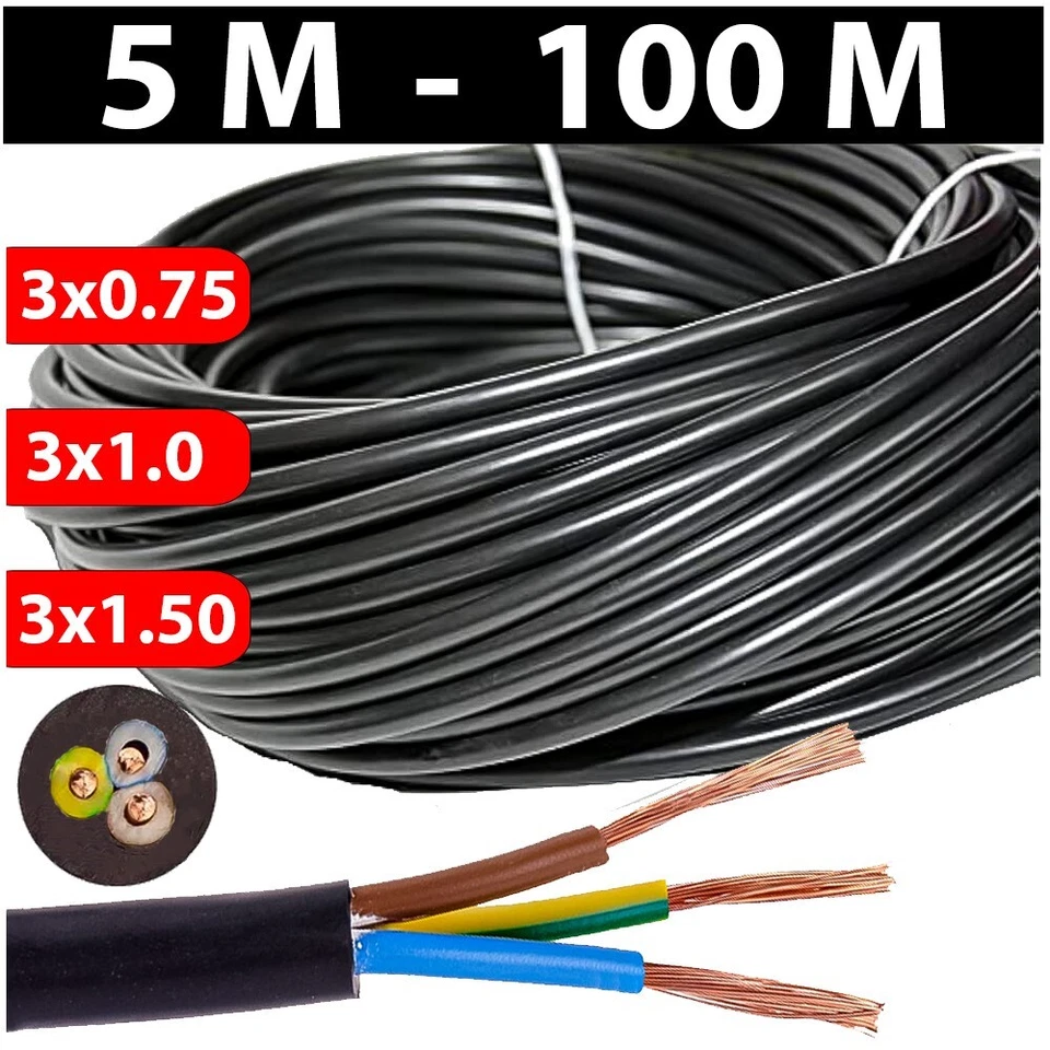 SCHLAUCHLEITUNG H03VV-F Kabel Stromkabel H03VVF Schwarz 3x0.75 3x1.0 3x1.5mm² ⭐⭐ - Bild 1 von 4