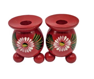 Pair MCM Vintage Red Wood 3-Legged Swedish Wedding Candle Holder - Picture 1 of 8