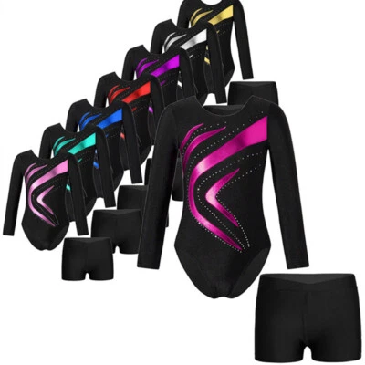 UK Girls Rhinestones Long Sleeve Gymnastics Leotard Ballet Dance Bodysuit Set - Image 1 of 4