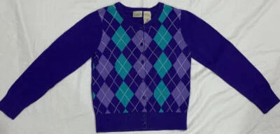 LL Bean Girls Purple/Teal Argyle Cardigan Sweater Size 8 Worn Once - Image 1 of 4