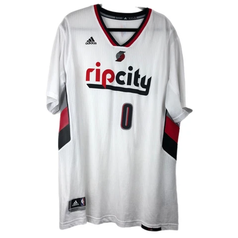 adidas Men's White RIP CITY #0 Damian Lillard V-neck Short Sleeve NBA Jersey XL Cover