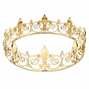 Gold Royal Men's King Crown Baroque Bride Wedding Party Fleur De Lis Round Tiara - Picture 1 of 10