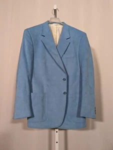 Halston Vintage 70s Mod Powder Blue Ultra Suede Blazer Jacket 44 Jacquard Logo - Picture 1 of 7